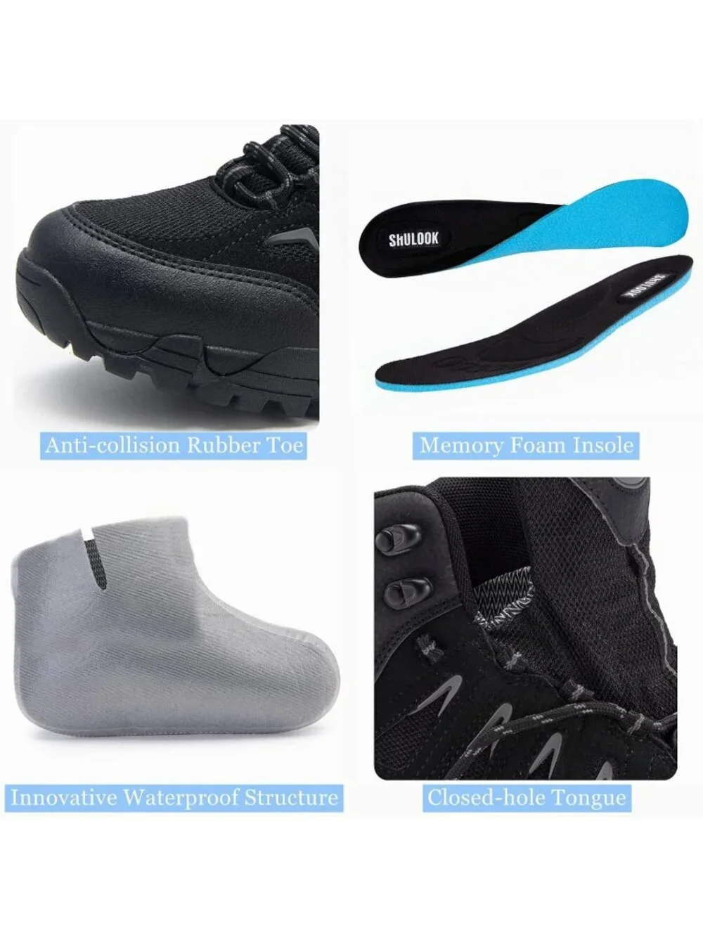 Men's Black Grey Waterproof Shoes Casual Mid Top Round Toe Non Slip Hiking Boots